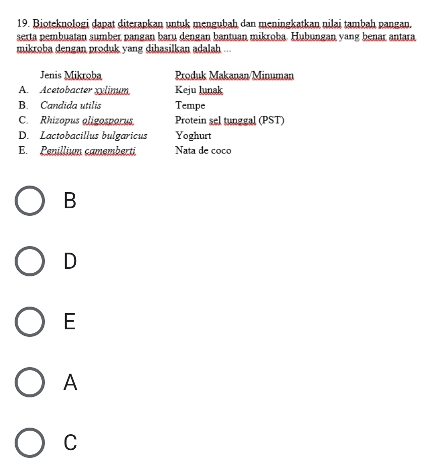 Bioteknologi dapat diterapkan untuk mengubah dan meningkatkan nilai tambah pangan.
serta pembuatan sumber pangan baru dengan bantuan mikroba. Hubungan yang benar antara
mikroba dengan produk yang dihasilkan adalah ...
Jenis Mikroba Produk Makanan/Minuman
A. Acetobacter xylinum Keju lunak
B. Candida utilis Tempe
C. Rhizopus oligosporus Protein sel tunggal (PST)
D. Lactobacillus bulgaricus Yoghurt
E. Penillium camemberti Nata de coco
B
D
E
A
C