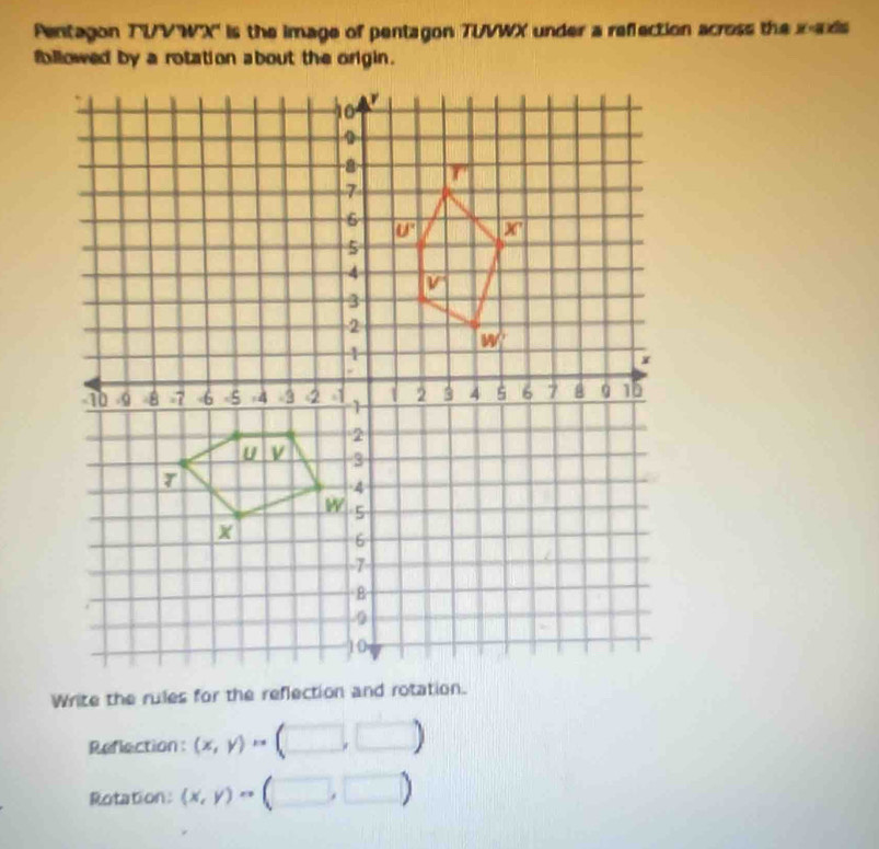 Pentagon TVVWX'' is the image of pentagon TUVWX under a reflection across the x-axis
followed by a rotation about the origin.
Reflection: (x,y)·s
Rotation: (x,y)^n