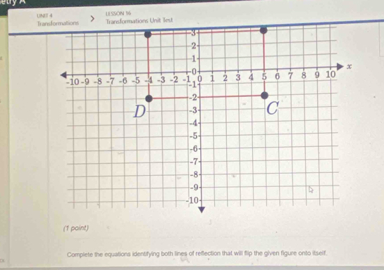 LESSON 16 
Transformations Transformations Unit Test 
(1 point) 
Complete the equations identifying both lines of reflection that will flip the given figure onto itself.