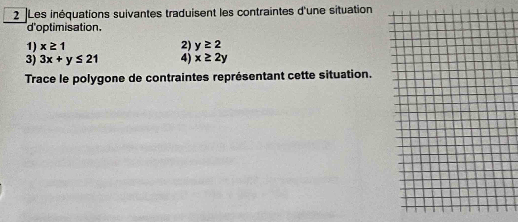 Les inéquations suivantes traduisent les contraintes d'une situation 
d'optimisation. 
1) x≥ 1 2) y≥ 2
3) 3x+y≤ 21 4) x≥ 2y
Trace le polygone de contraintes représentant cette situation.