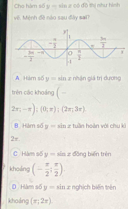 Cho hàm số y=sin x có đồ thị như hình
vẽ. Mệnh đề nào sau đây sai?
A Hàm số y=sin x nhận giá trị dương
trên các khoáng (-
2π ;-π );(0;π );(2π ;3π ).
B Hàm số y=sin x tuần hoàn với chu kì
2π.
C Hàm số y=sin x đồng biến trên
khoảng (- π /2 ; π /2 ).
D Hàm số y=sin x nghịch biến trên
khoảng (π ;2π ).