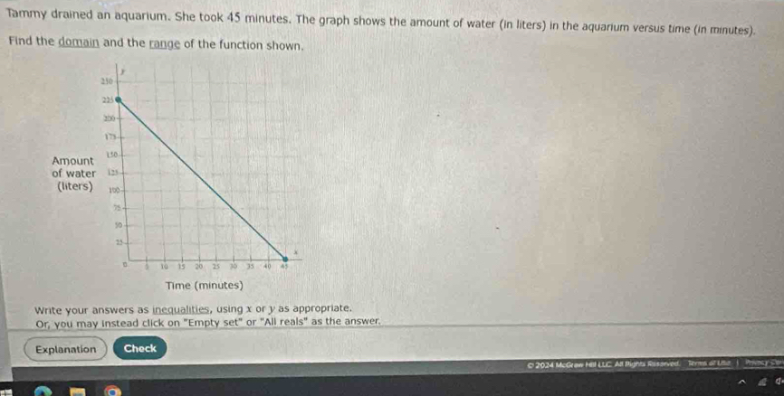 Solved: Tammy drained an aquarium. She took 45 minutes. The graph shows ...