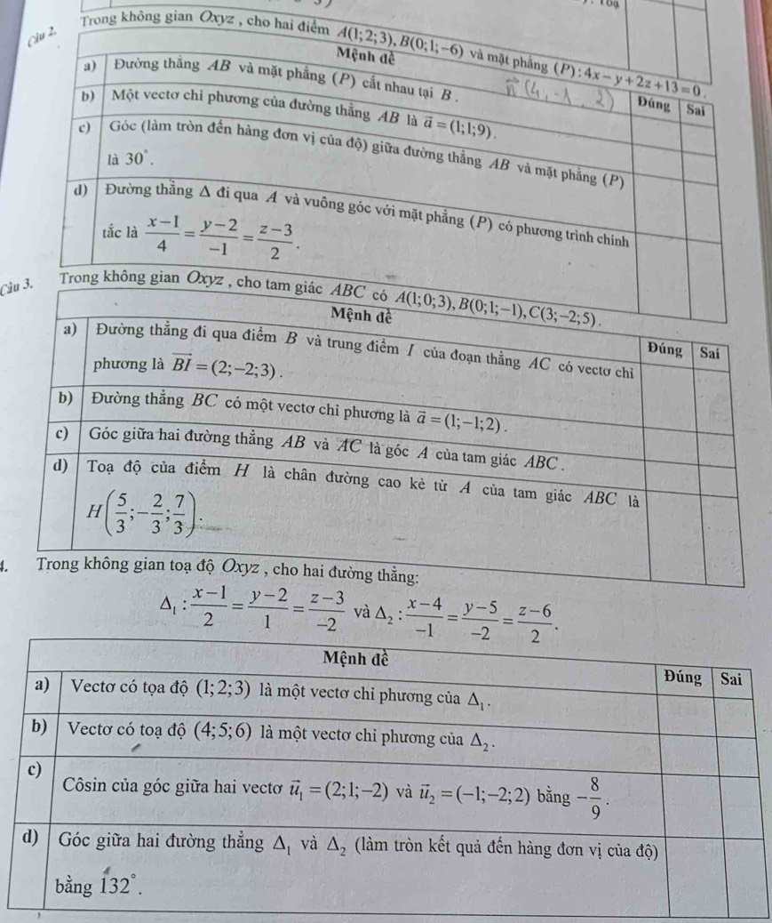 △ _1: (x-1)/2 = (y-2)/1 = (z-3)/-2  và △ _2: (x-4)/-1 = (y-5)/-2 = (z-6)/2 .