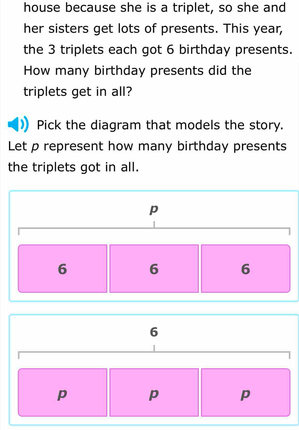 house because she is a triplet, so she and 
her sisters get lots of presents. This year, 
the 3 triplets each got 6 birthday presents. 
How many birthday presents did the 
triplets get in all? 
Pick the diagram that models the story. 
Let p represent how many birthday presents 
the triplets got in all.
p
6
6
6
6
p
p
p