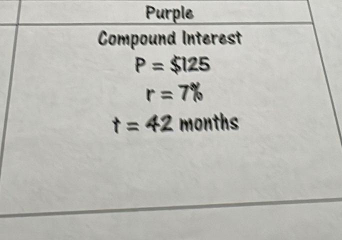 Purple 
Compound Interest
P=$125
r=7%
t=42 months