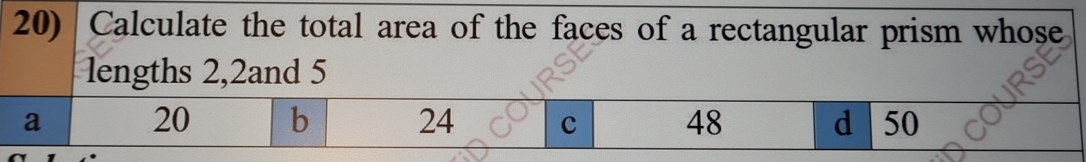 Calculate the total area of the faces of a rectangular prism whose 
lengths 2, 2and 5