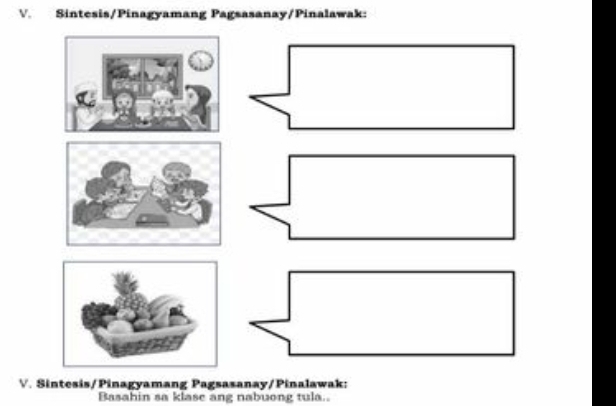 Sintesis/Pinagyamang Pagsasanay/Pinalawak: 
V. Sintesis/Pinagyamang Pagsasanay/Pinalawak: 
Basahin sa klase ang nabuong tula..