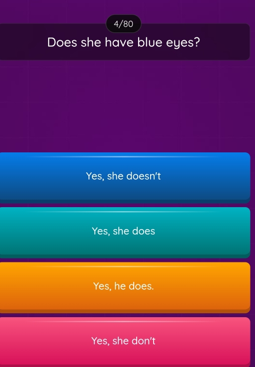 4/80
Does she have blue eyes?
Yes, she doesn't
Yes, she does
Yes, he does.
Yes, she don't