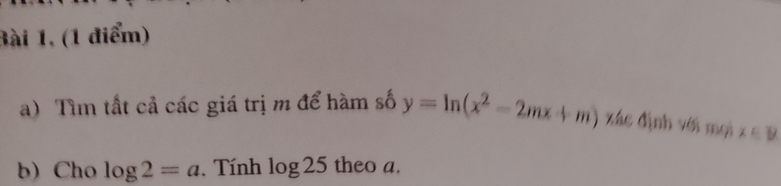 Tìm tất cả các giá trị m để hàm số y=ln (x^2-2mx+m) xác định với mọi x∈ R
b) Cho log 2=a. Tính log 25 theo a.