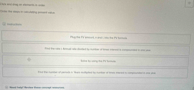 Click and drag on elements in order
φ
Order the steps in calculating present value. 
① Instructions 
Plug the FV amount, n and i, into the PV formula. 
Find the rate I : Annual rate divided by number of times interest is compounded in one year. 
Solve by using the PV formula. 
Find the number of periods n : Years multiplied by number of times interest is compounded in one year
Need help? Review these concept resources.