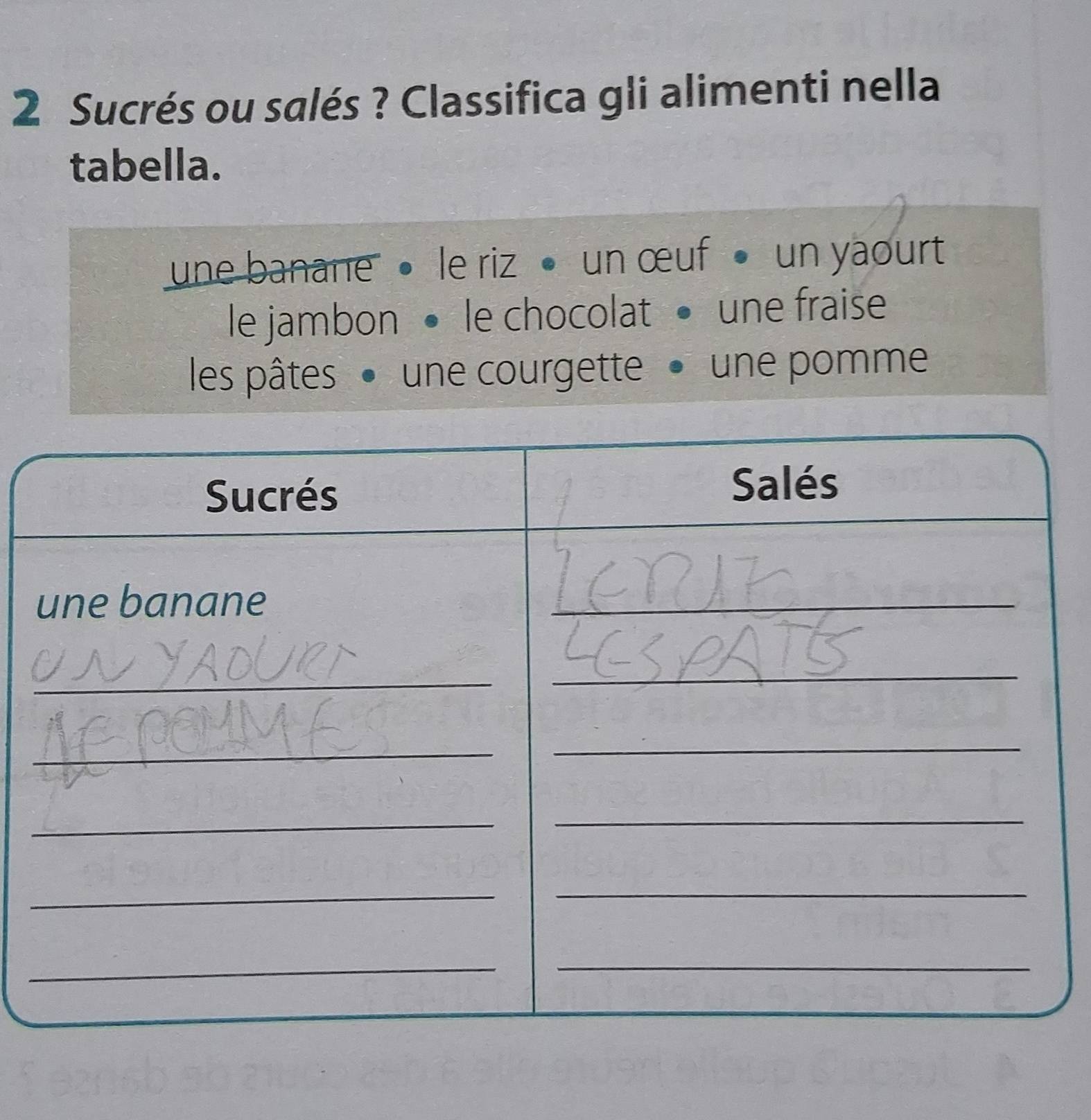 Sucrés ou salés ? Classifica gli alimenti nella
tabella.
une banane • le riz • un œuf • un yaourt
le jambon • le chocolat • une fraise
les pâtes • une courgette • une pomme