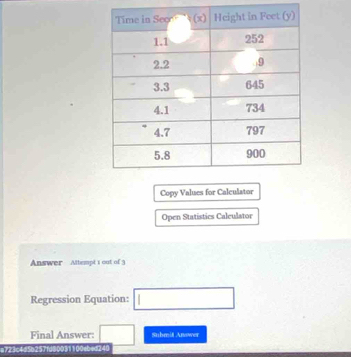 Copy Values for Calculator 
Open Statistics Caleulator 
Answer Attempt 1 out of 3 
Regression Equation: □ 
Final Answer: □ Submit Answer