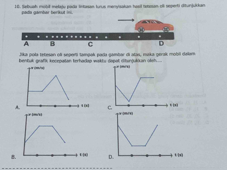 Sebuah mobil melaju pada lintasan lurus menyisakan hasil tetesan oli seperti ditunjukkan
pada gambar berikut ini.
B
A B
C
D
Jika pola tetesan oli seperti tampak pada gambar di atas, maka gerak mobil dalam
bentuk grafik kecepatan terhadap waktu dapat ditunjukkan oleh....
A
 
B