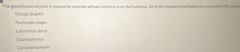 The glenohumeral joint is moved by muscles whose insertion is on the humerus. All of the muscles listed below are involved in this action
Triceps brachii
Pectoralis major
Latissimus dorsi
Supraspinatus
Coracobrachialis