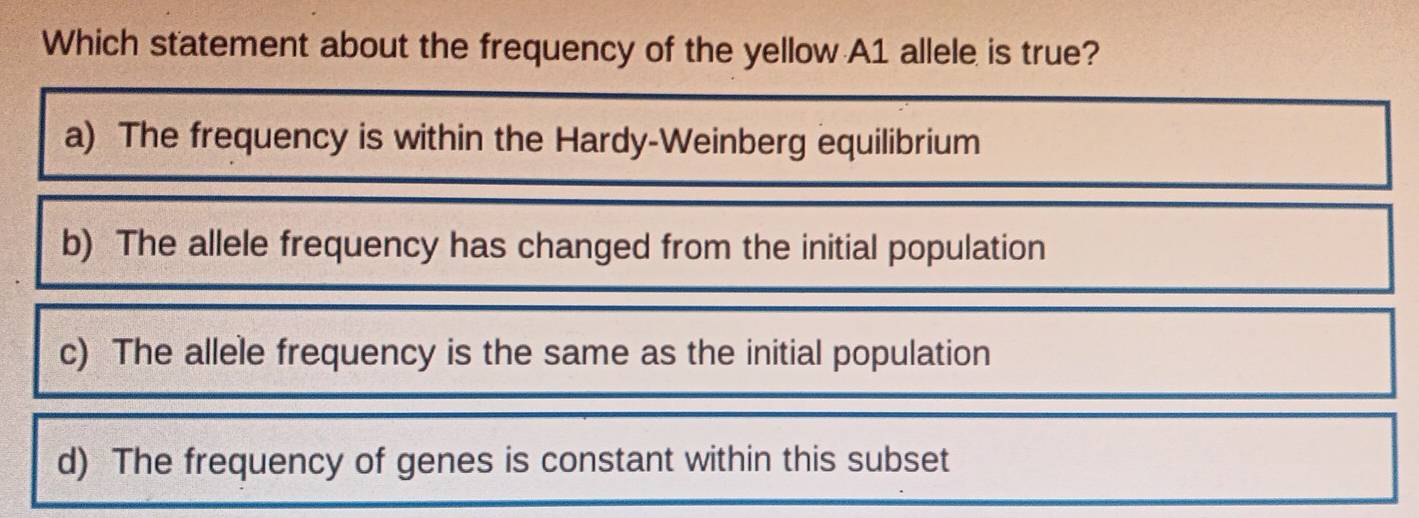 Which statement about the frequency of the yellow A1 allele is true?
a) The frequency is within the Hardy-Weinberg equilibrium
b) The allele frequency has changed from the initial population
c) The allele frequency is the same as the initial population
d) The frequency of genes is constant within this subset