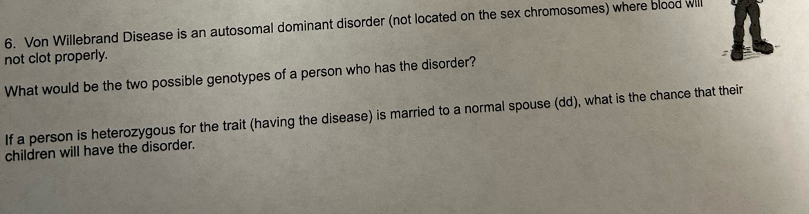 Von Willebrand Disease is an autosomal dominant disorder (not located on the sex chromosomes) where blood Wlll 
not clot properly. 
What would be the two possible genotypes of a person who has the disorder? 
If a person is heterozygous for the trait (having the disease) is married to a normal spouse (dd), what is the chance that their 
children will have the disorder.