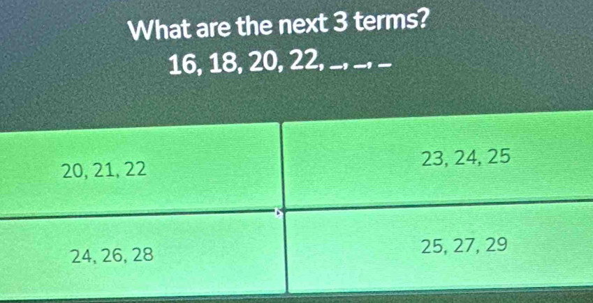 What are the next 3 terms?
16, 18, 20, 22,_ _,_