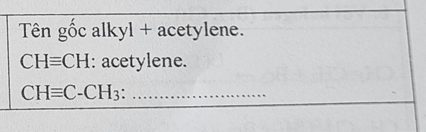 Tên gốc alkyl + acetylene.
CHequiv CH : acetylene.
CHequiv C-CH_3 a_