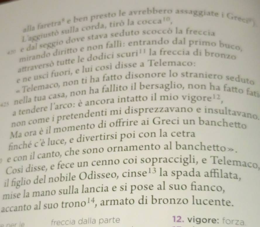 alla faretra® e ben presto le a 
assaggiate i Greci') 
L'aggiustò sulla corda, tirò la cocca^(10), 
e dal seggio dove stava seduto scoccó la freccia 
mirando diritto e non fallì: entrando dal primo buco, 
attraversò tutte le dodici scuri'' la freccia di bronzo 
e ne usci fuori, e lui così disse a Telemaco: 
« Telemaco, non ti ha fatto disonore lo straniero seduto
42 nella tua casa, non ha fallito il bersaglio, non ha fatto fati 
a tendere l'arco: è ancora intatto il mio vigore^(12), 
non come i pretendenti mi disprezzavano e insultavano. 
Ma ora è il momento di offrire ai Greci un banchetto 
finché c'è luce, e divertirsi poi con la cetra 
e con il canto, che sono ornamento al banchetto». 
Cosi disse, e fece un cenno coi sopraccigli, e Telemaco, 
il figlio del nobile Odísseo, cinse¹³ la spada affilata, 
mise la mano sulla lancia e si pose al suo fianco, 
accanto al suo trono^(14) ) armato di bronzo lucente. 
freccia dalla parte 12. vigore: forza.