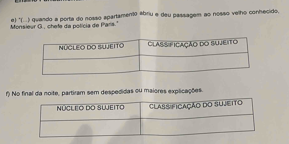 "(...) quando a porta do nosso apartamento abriu e deu passagem ao nosso velho conhecido, 
Monsieur G., chefe da polícia de Paris." 
f) No final da noite, partiram sem despedidas ou maiores explicações.