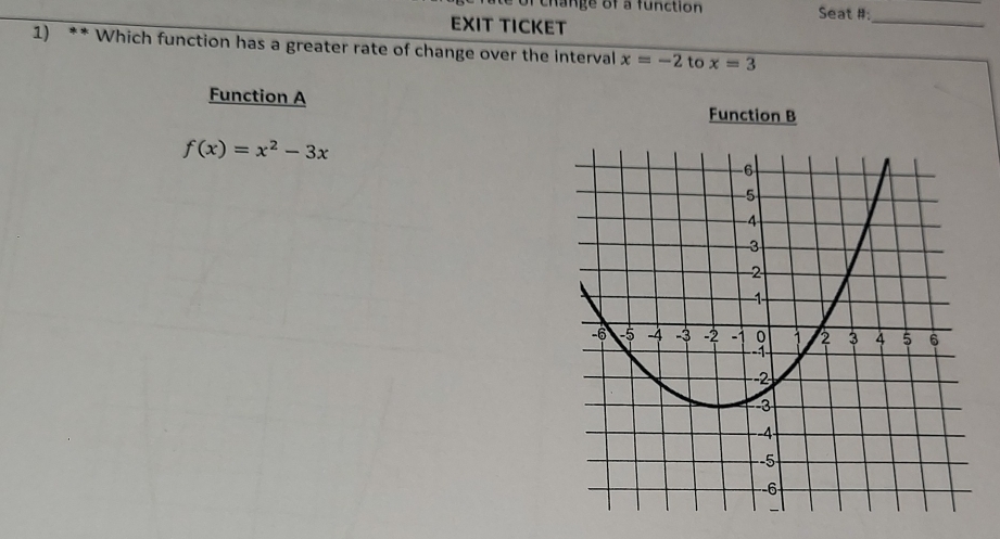 change of a function Seat #:
EXIT TICKET
_
1) ** Which function has a greater rate of change over the interval x=-2 to x=3
Function A Function B
f(x)=x^2-3x