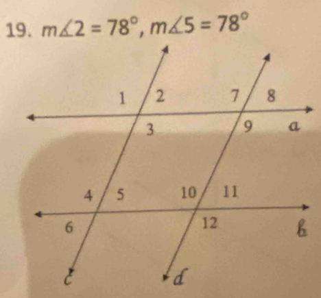 m∠ 2=78°, m∠ 5=78°