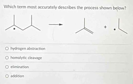 Which term most accurately describes the process shown below?
+
hydrogen abstraction
homolytic cleavage
elimination
addition