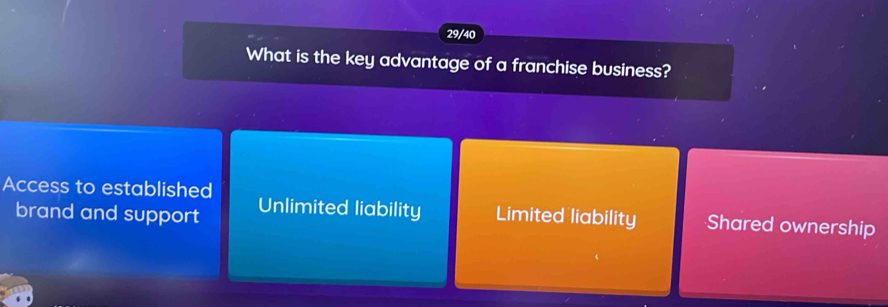 29/40
What is the key advantage of a franchise business?
Access to established Unlimited liability Limited liability Shared ownership
brand and support