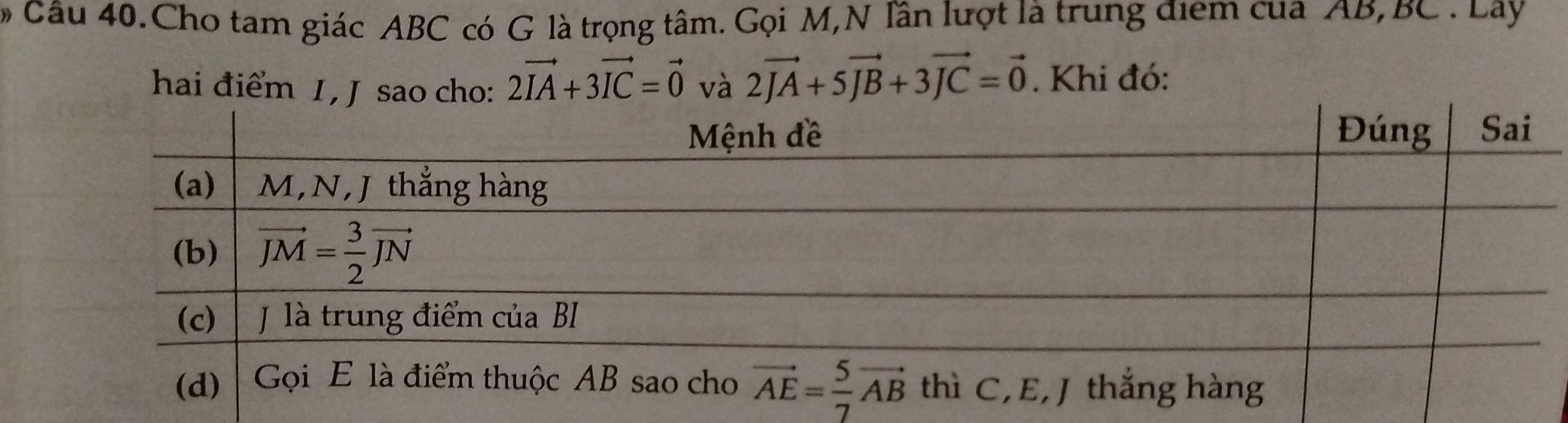 Câu 40.Cho tam giác ABC có G là trọng tâm. Gọi M,N Tần lượt là trung điểm của AB,BC . Lay
hai điểm 1 , J sao cho: 2vector IA+3vector IC=vector 0 và 2vector JA+5vector JB+3vector JC=vector 0. Khi đó: