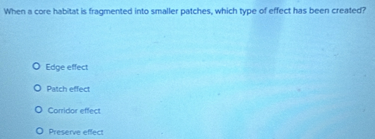 Solved: When a core habitat is fragmented into smaller patches, which ...