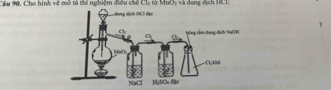 Cho hình vẽ mô tả thí nghiệm điều chế Cl_2 từ MnO_2 và dung địch HCl:
y