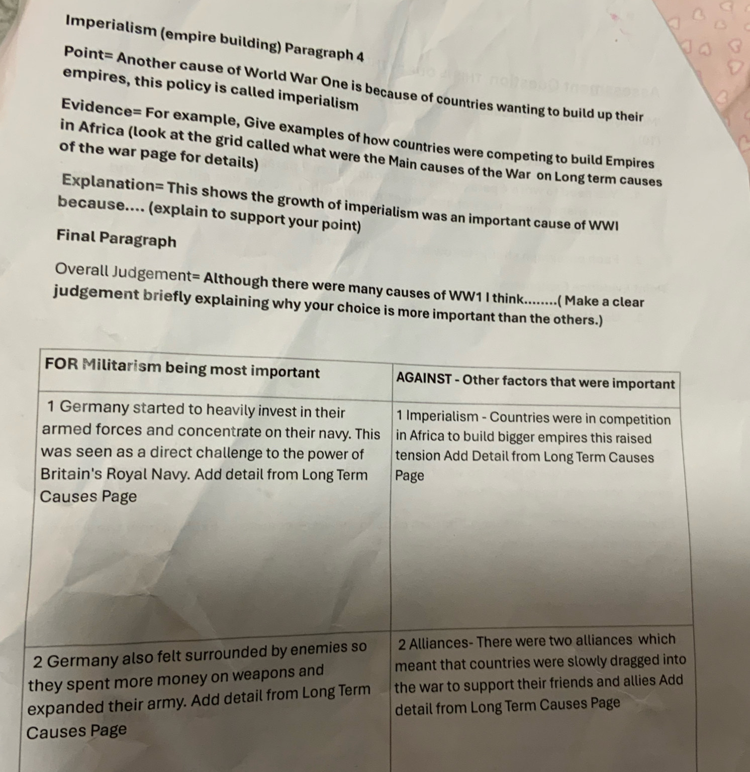 Imperialism (empire building) Paragraph 4 
Point= Another cause of World War One is because of countries wanting to build up their 
empires, this policy is called imperialism 
Evidence= For example, Give examples of how countries were competing to build Empires 
of the war page for details) 
in Africa (look at the grid called what were the Main causes of the War on Long term causes 
Explanation= This shows the growth of imperialism was an important cause of WWI 
because.... (explain to support your point) 
Final Paragraph 
Overall Judgement= Although there were many causes of WW1 I think........( Make a clear 
judgement briefly explaining why your choice is more important than the others.)