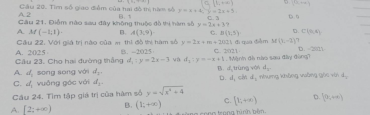 (1,+∈fty )
D.
C. [1;+∈fty ) [0;+∈fty )
Câu 20. Tìm số giao điểm của hai đồ thị hàm số y=x+4; y=2x+5.
A. 2 B. 1 C. 3 D. 0
Câu 21. Điểm nào sau đây không thuộc đồ thị hàm số y=2x+3 ?
B.
A. M(-1;1)· A(3;9). B(1;5)·
C.
D. C(0;4). 
Câu 22. Với giá trị nào của m thì đồ thị hàm số y=2x+m+2021 đi qua điểm M(1;-2) ？
A. 2025 · B. -2025· C. 2021· D. -2021
Câu 23. Cho hai đường thẳng d_1:y=2x-3 và d_2:y=-x+1. Mệnh đề nào sau đây đúng?
B. d_1
A. d_1 song song với d_2. trùng với d_2.
D. d_1 cắt
C. d_1 vuông góc với d_2. d_2 nhưng không vuông góc với d_2. 
Câu 24. Tìm tập giá trị của hàm số y=sqrt(x^4+4)
A. [2;+∈fty ) B. (1;+∈fty ) C. [1;+∈fty ) D. [0;+∈fty )
cong trong hình bên.