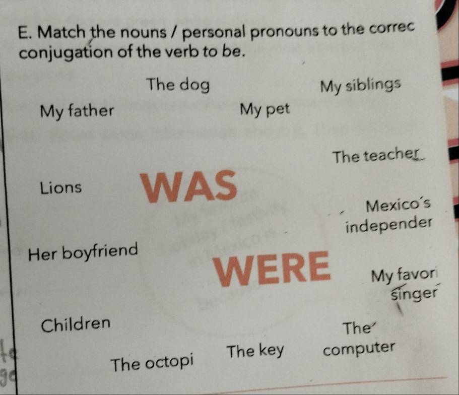 Match the nouns / personal pronouns to the correc 
conjugation of the verb to be. 
The dog My siblings 
My father My pet 
The teacher 
Lions WAS 
Mexico´s 
independer 
Her boyfriend 
WERE My favori 
singer 
Children 
The 
The octopi The key computer