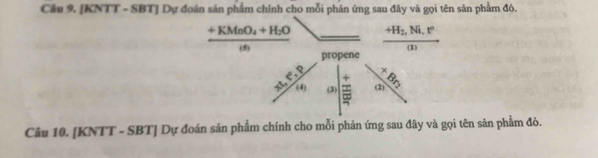 Cầu 9. [KNTT - SBT] Dự đoán sản phẩm chính cho mỗi phản ứng sau đây và gọi tên sản phẩm đó.
+KMnO_4+H_2O
+H_2, Ni, tº 
(5) (1) 
propene 
xt, 1°, p
(3) (2) ∞ 
Câu 10. [KNTT - SBT] Dự đoán sản phẩm chính cho mỗi phản ứng sau đây và gọi tên sản phẩm đó.