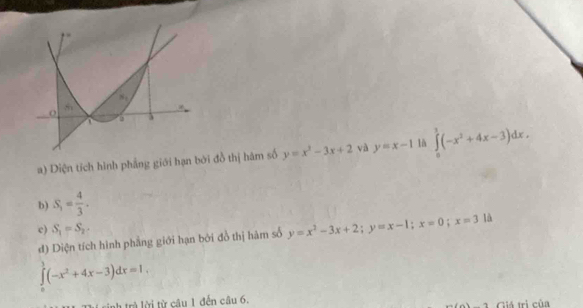 Diện tích hình phẳng giới hạn bởi đồ thị hám số y=x^2-3x+2 và y=x-1 là ∈tlimits _0^(1(-x^2)+4x-3)dx,
b) S_1= 4/3 .
c) S_1=S_2. y=x^2-3x+2;y=x-1;x=0;x=3 là
d) Diện tích hình phẳng giới hạn bởi đồ thị hàm số
∈tlimits _0^(3(-x^2)+4x-3)dx=1,
rình trà lời từ câu 1 đến câu 6. Giá trị của
7