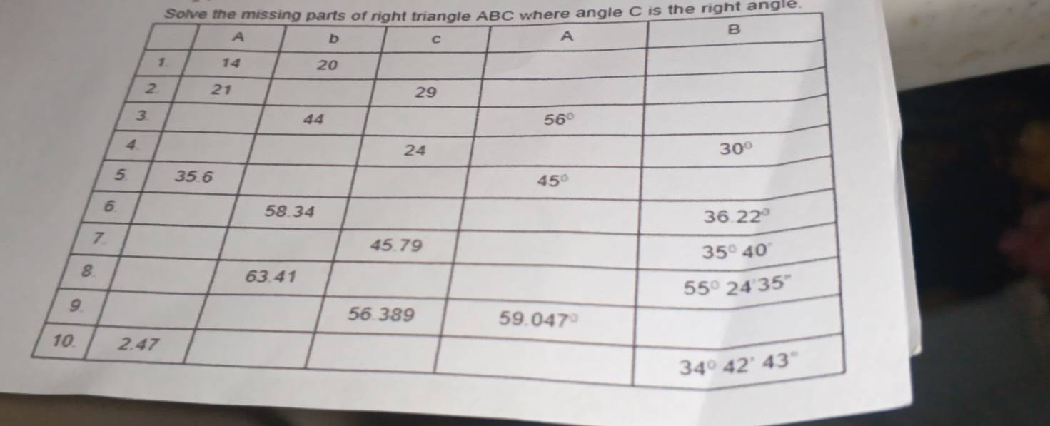 Solve the missing parts of right triangle ABC where angle C is the right angle.