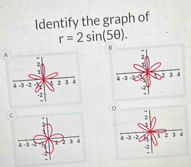 Identify the graph of
r=2sin (5θ ). 
B 
A 

D 
C