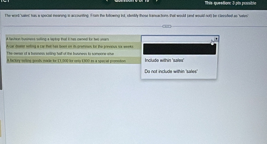 This question: 3 pts possible
The word 'sales' has a special meaning in accounting From the following list, identify those transactions that would (and would not) be classified as 'sales
A lashion business selling a laptop that it has owned for two years
A car dealer selling a car that has been on its premises for the previous six weeks
The owner of a business selling half of the business to someone else
A factory selling goods made for £1,000 for only £800 as a special promotion Include within 'sales'
Do not include within 'sales'