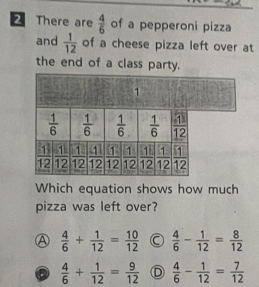 There are  4/6  of a pepperoni pizza
and  1/12  of a cheese pizza left over at
the end of a class party.
Which equation shows how much
pizza was left over?
Ⓐ  4/6 + 1/12 = 10/12  C  4/6 - 1/12 = 8/12 
 4/6 + 1/12 = 9/12  D  4/6 - 1/12 = 7/12 