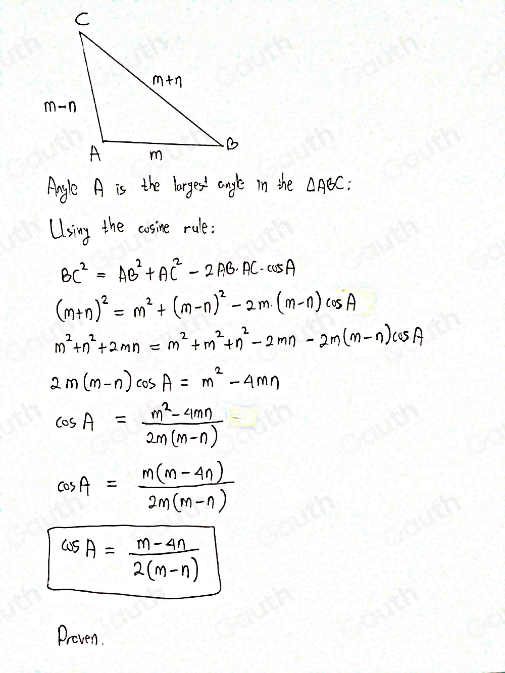 Solved: Triangle ABC has sides of length (m-n). m and (m+n) where 0
