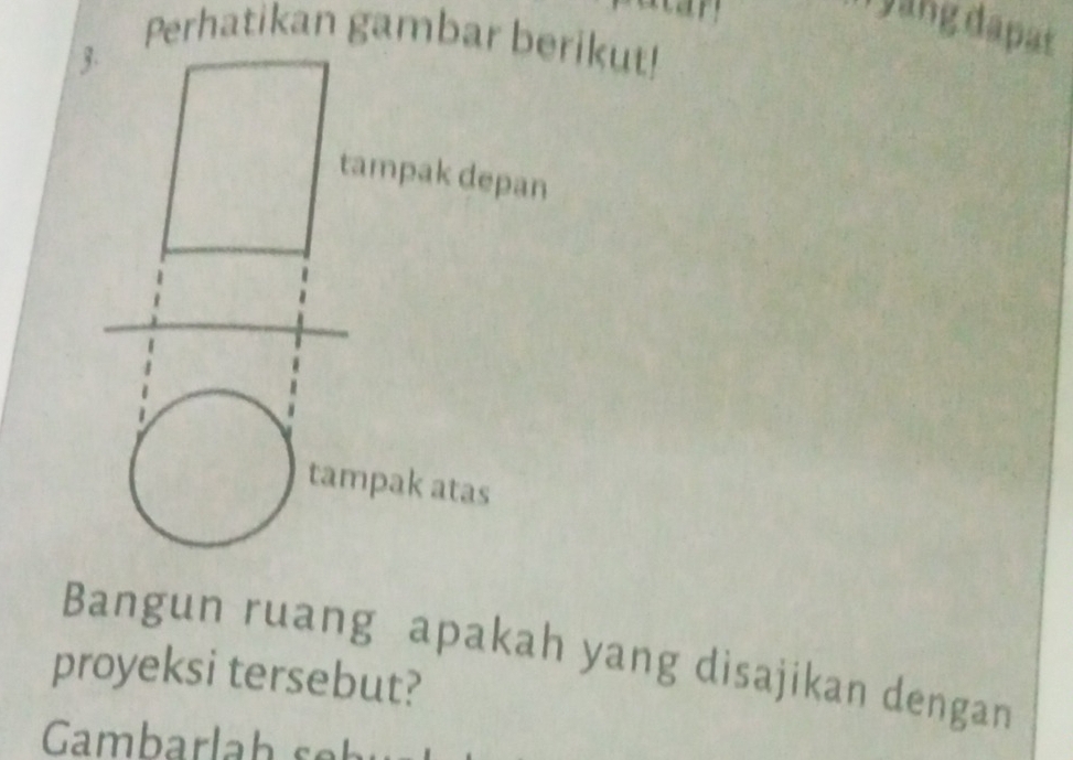 yang dapat 
Perhatikan gambar berikut! 
3 
tampak depan 
tampak atas 
Bangun ruang apakah yang disajikan dengan 
proyeksi tersebut?