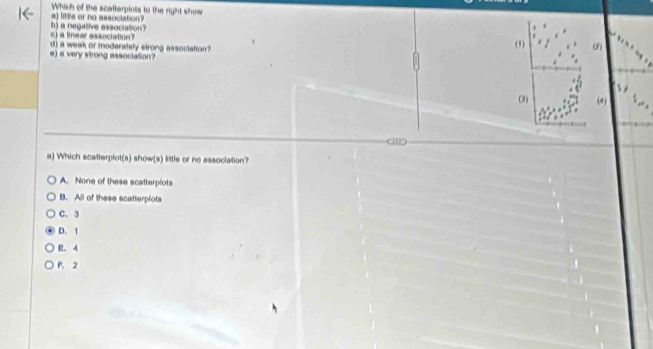 Which of the scalterplots to the right show
a) little or no association?
b) a negative association
c) a linear association?
d) a weak or moderately strong association? (1) (2)
e) a very strong association?
(3) (4)
a) Which scatterplot(s) show(s) little or no association?
A. None of these scatterplots
B. All of these scatterplots
C. 3
D. 1
E, 4
F. 2