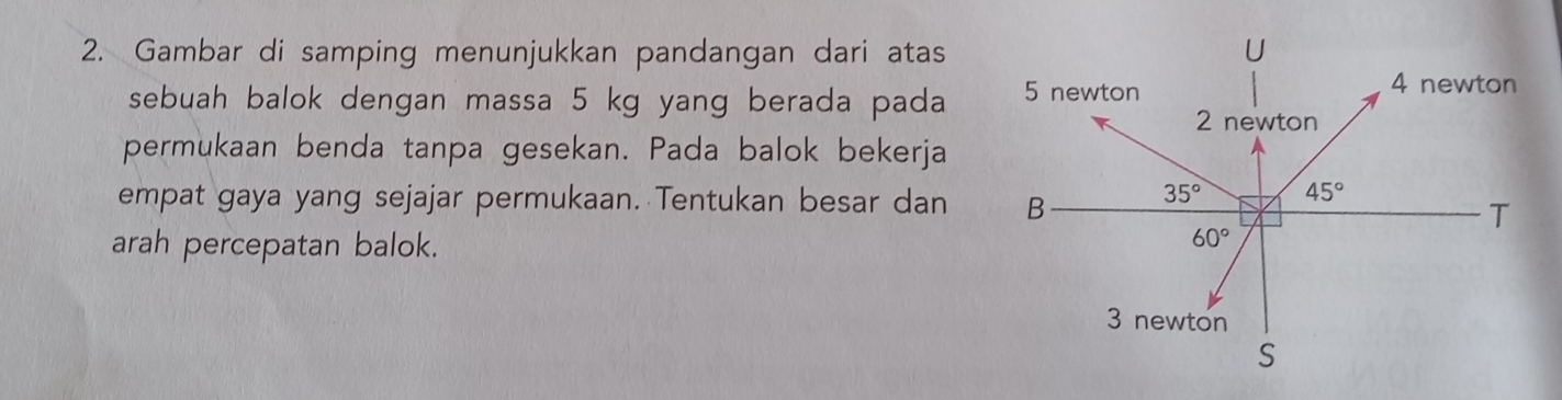 Gambar di samping menunjukkan pandangan dari atas
sebuah balok dengan massa 5 kg yang berada pada
permukaan benda tanpa gesekan. Pada balok bekerja
empat gaya yang sejajar permukaan. Tentukan besar dan
arah percepatan balok.