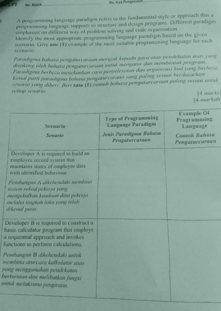 sUliT No. Matrik._ No. Kad Pengenalan 
A programming language paradigm refers to the fundamental style or approach that a 
programming language supports to structure and design programs. Different paradigm 
emphasize on different way of problem solving and code organisation. 
Identify the most appropriate programming language paradigm based on the given 
scenario. Give one (1) example of the most suitable programming language for each 
scenario. 
Paradigma bahasa pengaturcaraan merujuk kepada gaya atau pendekatan asas yang 
disokong oleh bahasa pengaturcaraan untuk mengatur dan membentuk program. 
Paradigma berbeza menekankan cara penyelesaian dan organisasi kod yang berbeza. 
Kenal pasti paradigma bahasa pengaturcaraan yang paling sesuai berdasarkan 
senario yang diberi. Beri satu (1) contoh bahasa pengaturcaraan paling sesuai untuk 
setiap senario. 
[4 marks] 
[4 markah 
g 
sa 
an 
w 
s 
m 
m 
di 
D 
bas 
a s 
fun 
Pe 
me 
yan 
bert 
untu