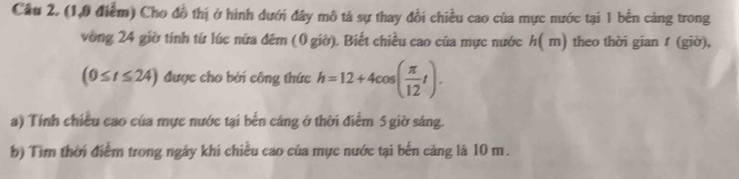 (1,0 điểm) Cho đồ thị ở hình dưới đây mô tả sự thay đổi chiều cao của mực nước tại 1 bến cảng trong 
vòng 24 giờ tính từ lúc nửa đêm (0 giờ). Biết chiều cao của mực nước h(m ) theo thời gian t (giờ),
(0≤ t≤ 24) được cho bởi công thức h=12+4cos ( π /12 t). 
a) Tính chiều cao của mực nước tại bến cảng ở thời điểm 5 giờ sáng. 
b) Tim thời điểm trong ngày khi chiều cao của mực nước tại bến cảng là 10 m.