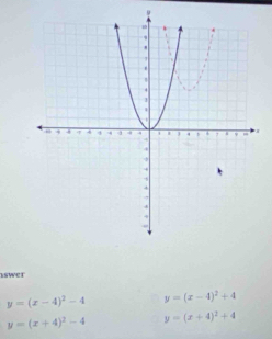 iswer
y=(x-4)^2-4 y=(x-4)^2+4
y=(x+4)^2-4 y=(x+4)^2+4