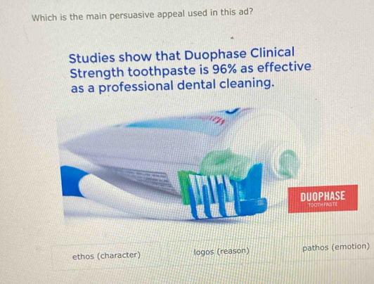 Which is the main persuasive appeal used in this ad?
Studies show that Duophase Clinical
Strength toothpaste is 96% as effective
as a professional dental cleaning.
DUOPHASE
TOO TH PASTE
ethos (character) logos (reason) pathos (emotion)