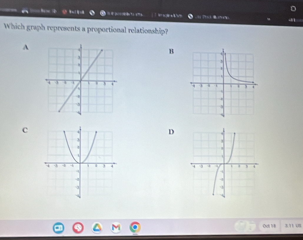 é possible to a76 j ǐ lim a pline bath Lây Érack
Which graph represents a proportional relationship?
A
B
C
D

Oct 18 3:11 US