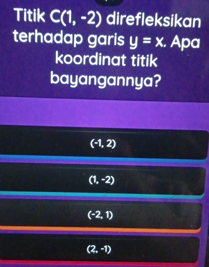 Titik C(1,-2) direfleksikan
terhadap garis y=x :. Apa
koordinat titik
bayangannya?
(-1,2)
(1,-2)
(-2,1)
(2,-1)